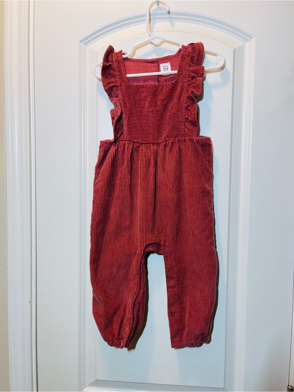 GAP Ruffled Strap Corduroy Overalls in Rust Red